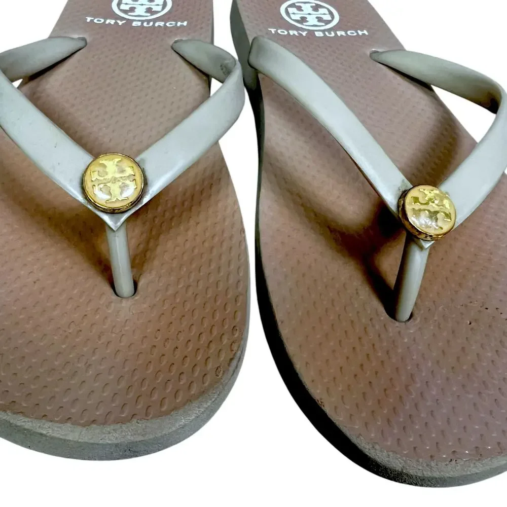 Tory Burch Signature Monogram Brown Flip-Flops Women's Size 5.5/6 Casual Luxury
